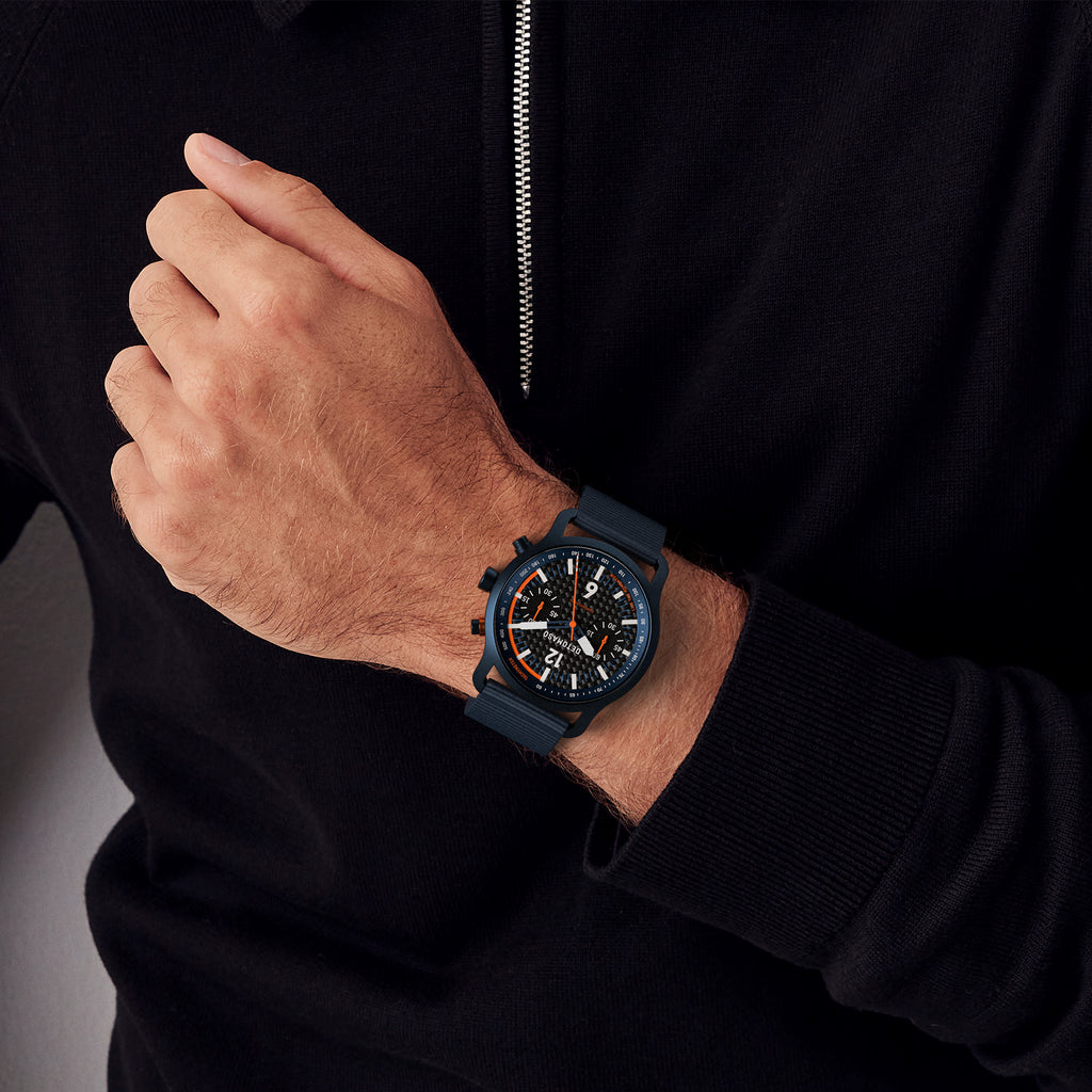 SORPASSO CHRONOGRAPH CARBON BLUE ORANGE - Ocean Plastic Dark blue Woven - Detomaso Watches