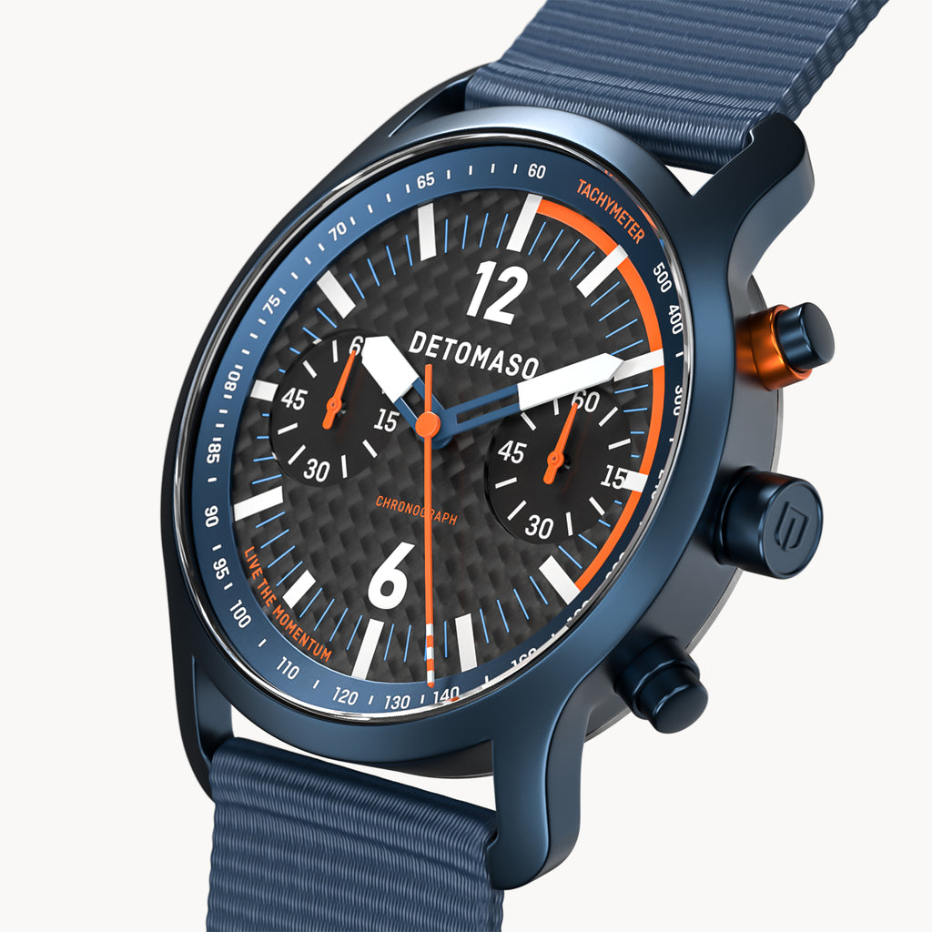 SORPASSO CHRONOGRAPH CARBON BLUE ORANGE - Ocean Plastic Dark blue Woven - Detomaso Watches
