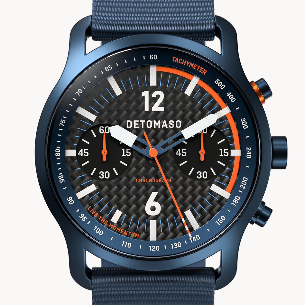 SORPASSO CHRONOGRAPH CARBON BLUE ORANGE - Ocean Plastic Dark blue Woven - Detomaso Watches
