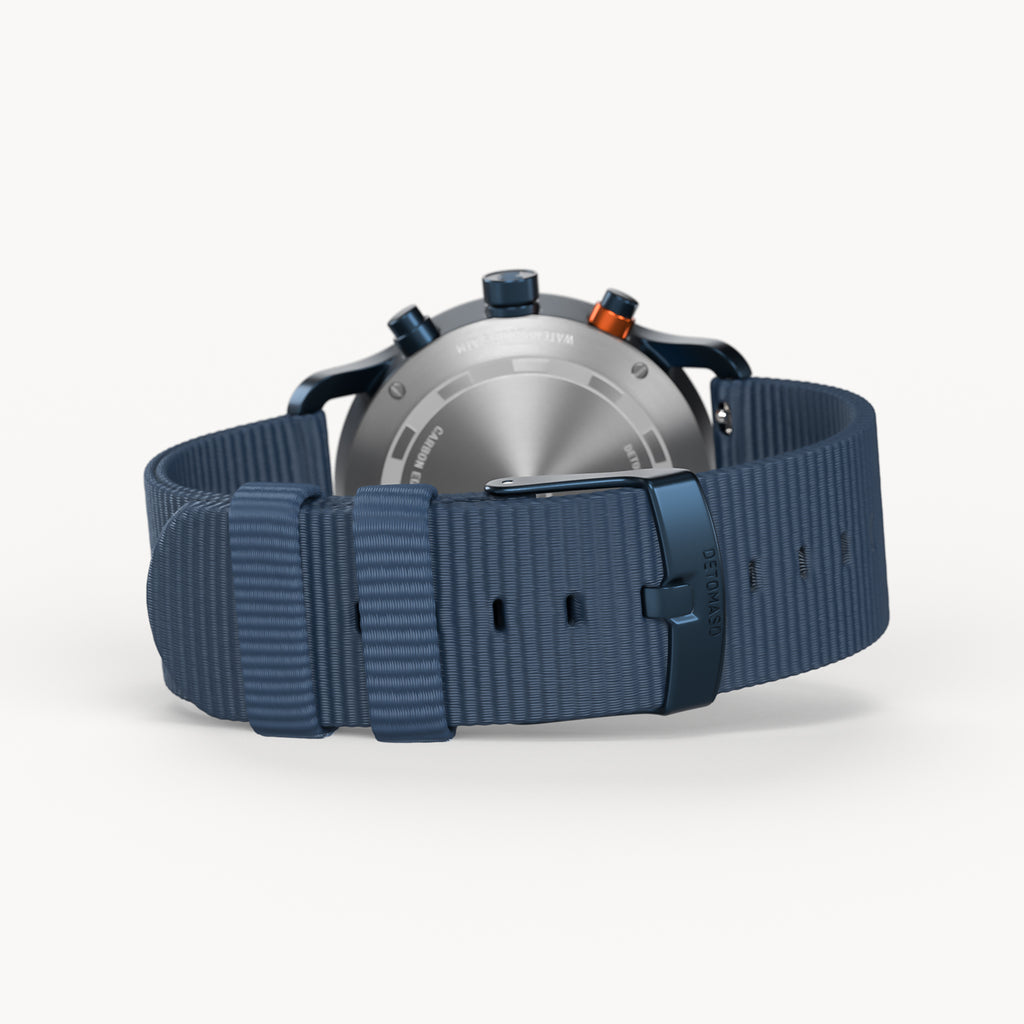 SORPASSO CHRONOGRAPH CARBON BLUE ORANGE - Ocean Plastic Dark blue Woven - Detomaso Watches