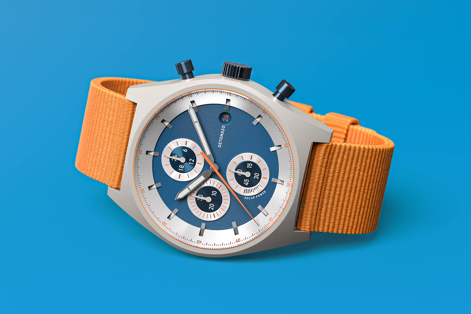 Solar Watch Men's Blue - Chronograph, Mineral Glass, Ocean Plastic Strap - 5 Months Runtime, 43mm Diameter, Japanese Solar Movement - DeTomaso Solar Watch Men's Blue - Chronograph, Mineral Glass, Ocean Plastic Strap - 5 Months Runtime, 43mm Diameter, Japanese Solar Movement - DeTomaso